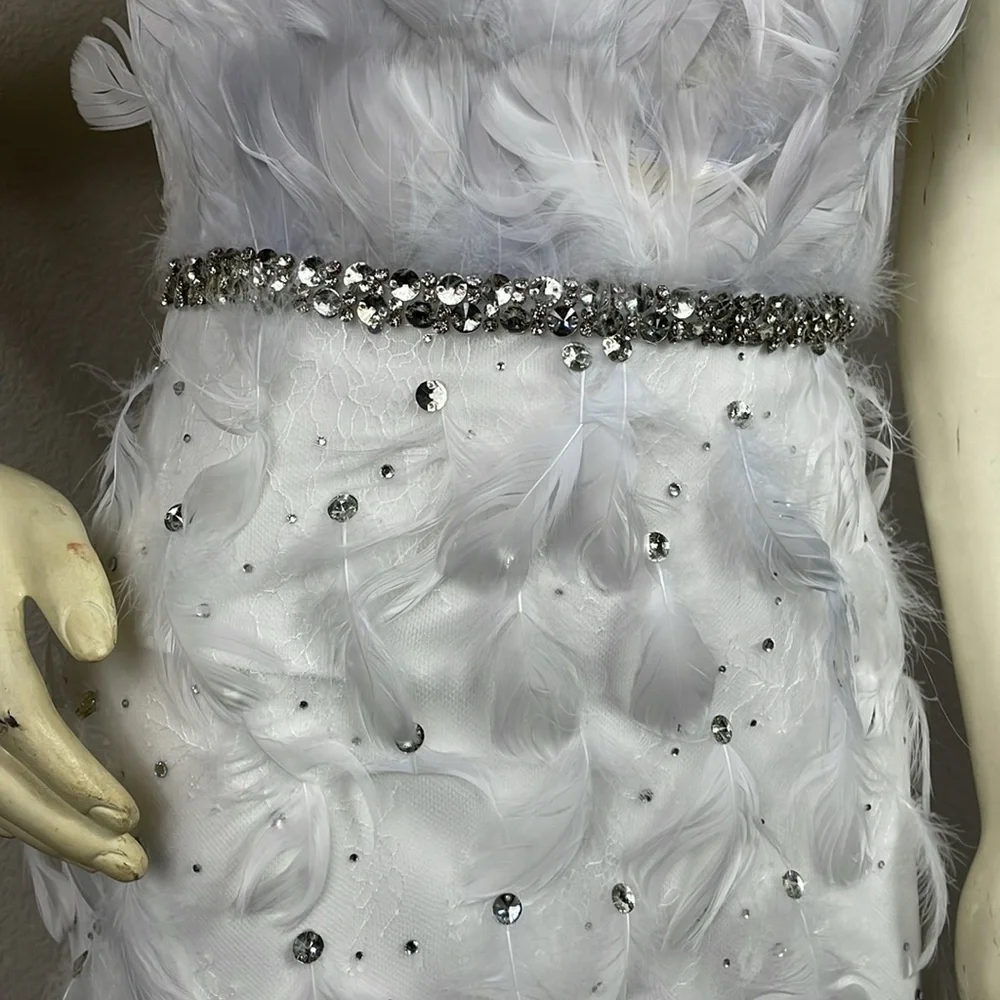 NWT Mac Duggal White Feather Rhinestone Sweetheart Strapless Gown Dress Wedding